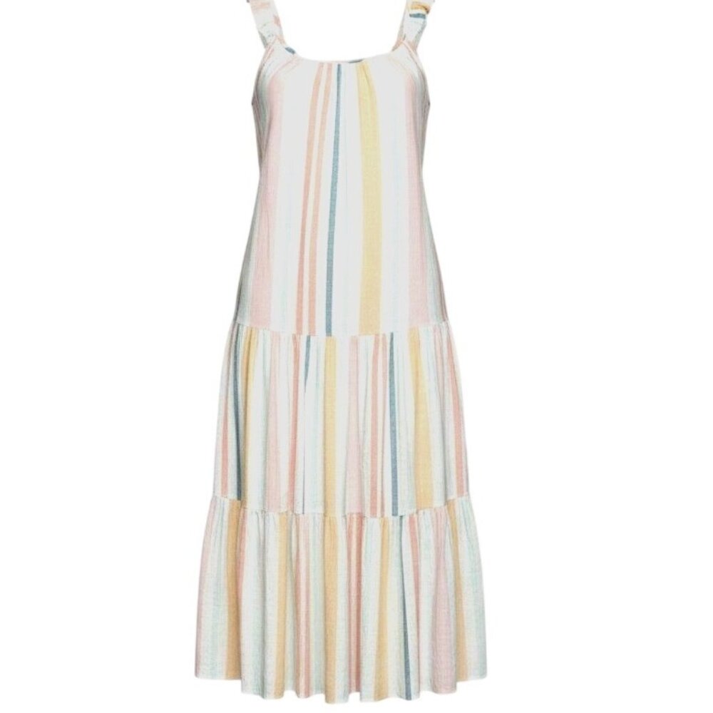 Rails Capri Melon Striped Dress Coastal Academia Tiered Ruffle Sleeve Sun Boho L